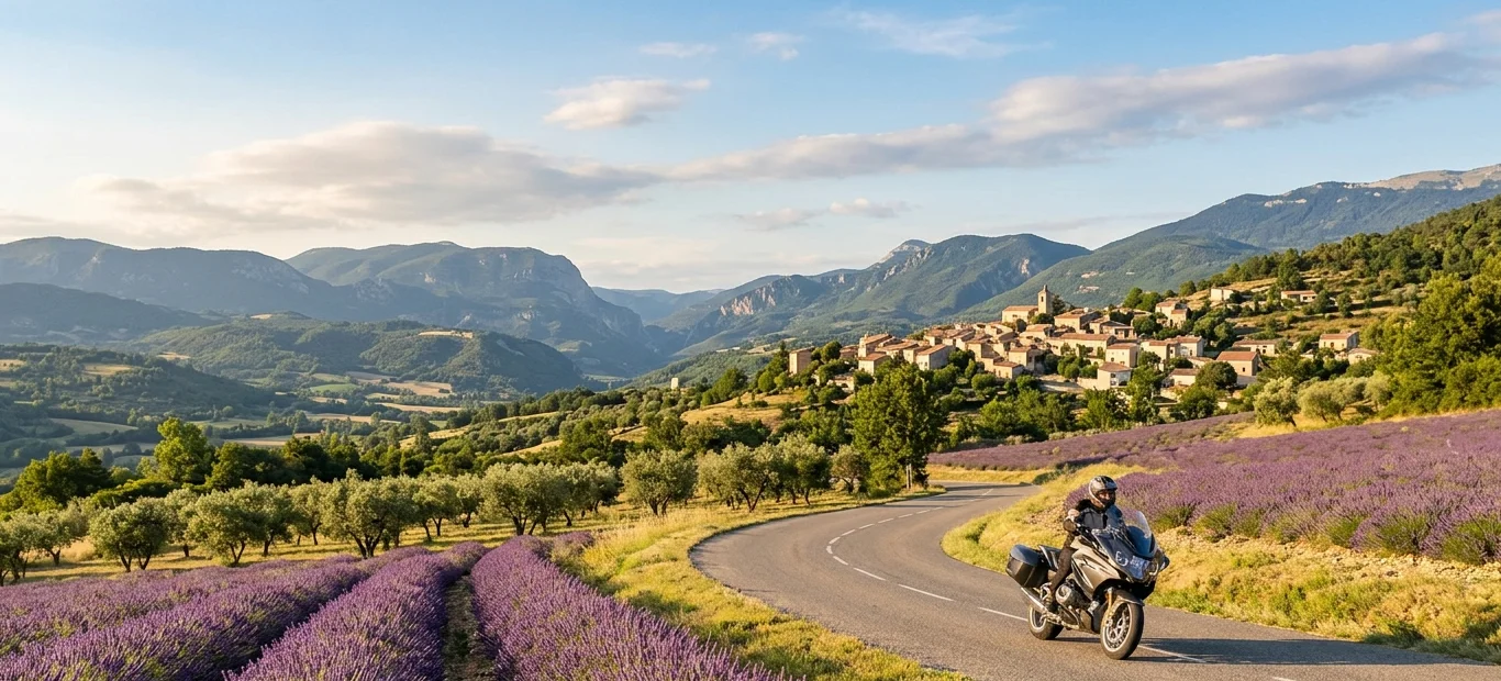 Motos sur une route en lacets dans la Drôme